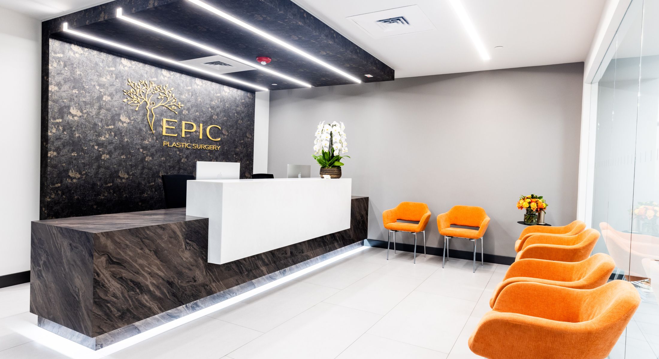 Modern plastic surgery office reception area.